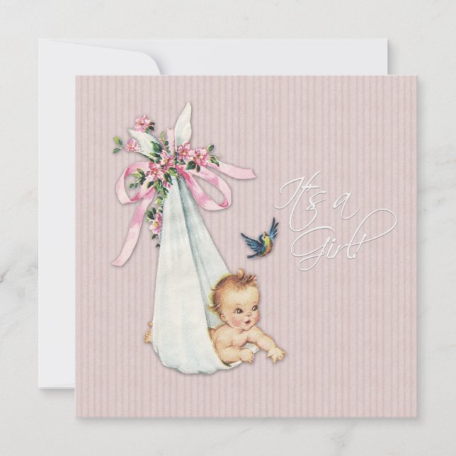 Vintag Pink Baby Girl Dusche Einladung (Vorderseite)