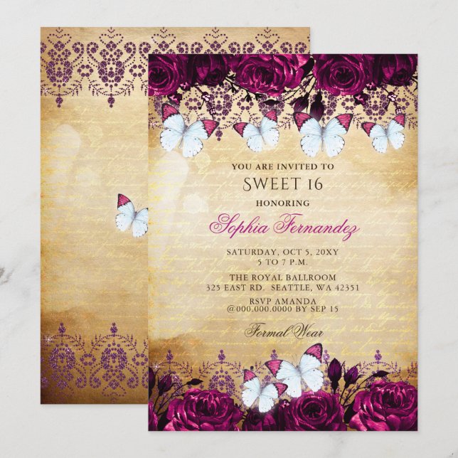 Vintag Pink Blütenschmetterling Sweet 16 Einladung (Vorne/Hinten)