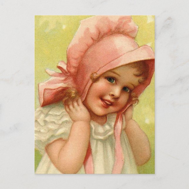 Vintag Pink Bonnet Girl Postkarte (Vorderseite)