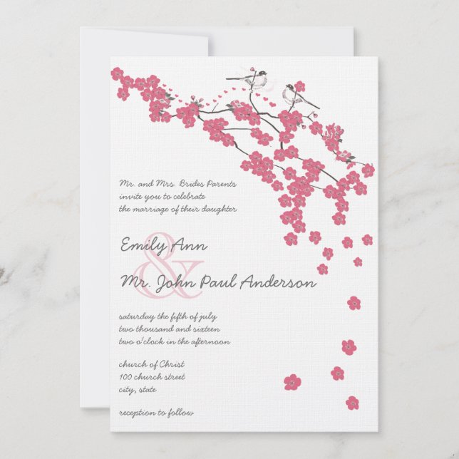 Vintag Pink Cherry Blossom Chickadee Wedding Einladung (Vorderseite)
