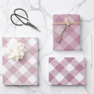 Vintag Pink Christmas Gingham Pattern Trio Mix Geschenkpapier Set