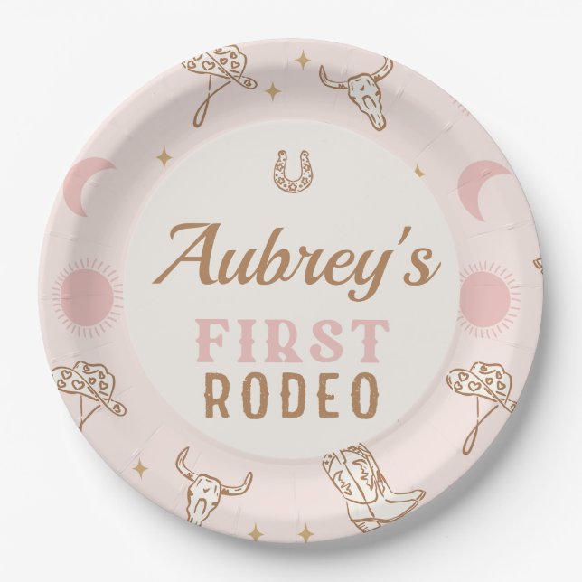 Vintag Pink Cowgirl First Rodeo 1. Geburtstag Pappteller (Vorderseite)