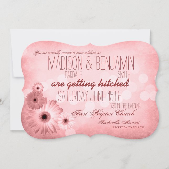 Vintag Pink Daisies Typografy Wedding Einladung (Vorderseite)