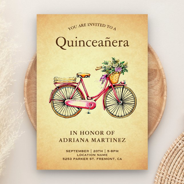 Vintag Pink Floral Bicycle Quinceanera Einladung (Von Creator hochgeladen)