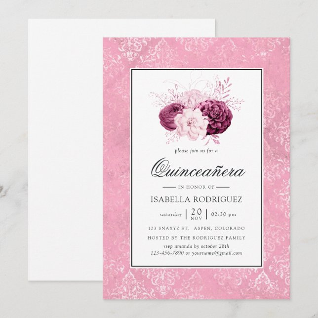 Vintag Pink Floral Quinceañera Einladung (Vorne/Hinten)