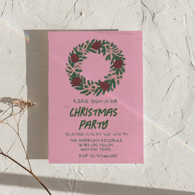 Vintag Pink Green Christmas Bows Wreath Party Einladung (Von Creator hochgeladen)