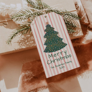 Vintag Pink Green Hand Drawn Weihnachtsbaum Geschenkanhänger