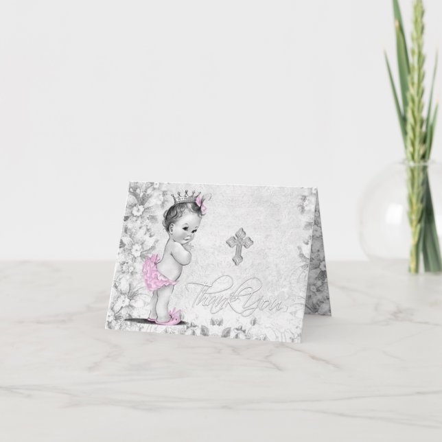 Vintag Pink Grey Girl Taufe Danke Karten (Vorderseite)