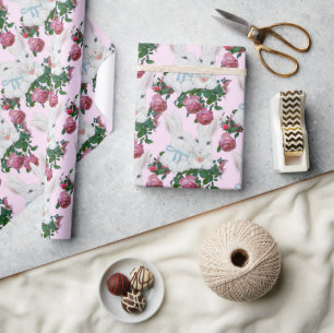 Vintag Pink Hasen Rose Floral Niedliches Muster Geschenkpapier