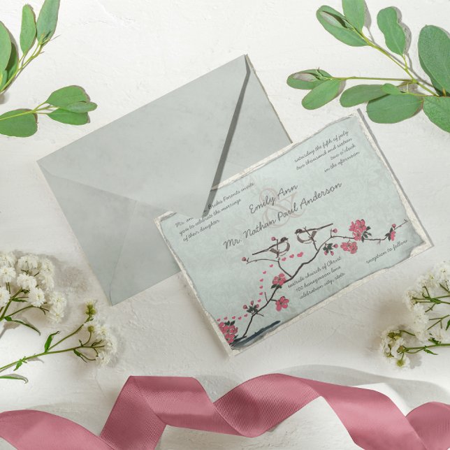Vintag Pink Love Bird Cherry Blossom Hochzeit Einladung (Von Creator hochgeladen)