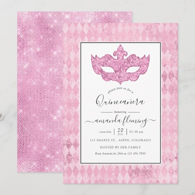 Vintag Pink Masquerade Quinceañera Einladung (Vorne/Hinten)