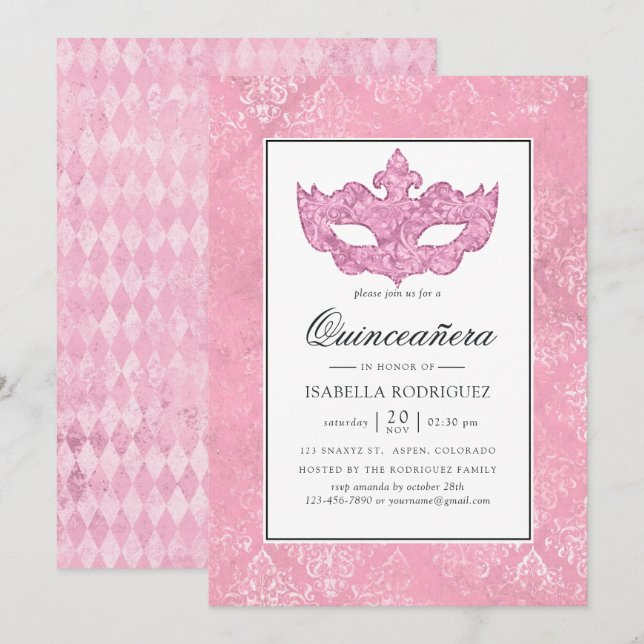 Vintag Pink Masquerade Quinceañera Einladung (Vorne/Hinten)