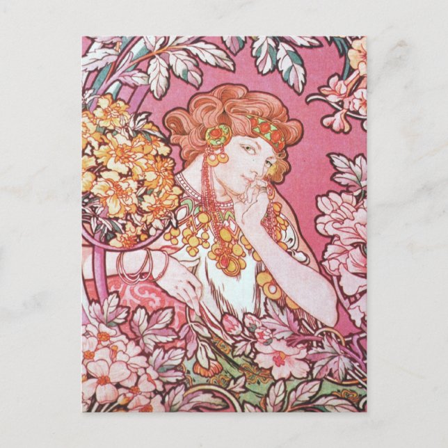 Vintag Pink Mucha Art Postkarte (Vorderseite)