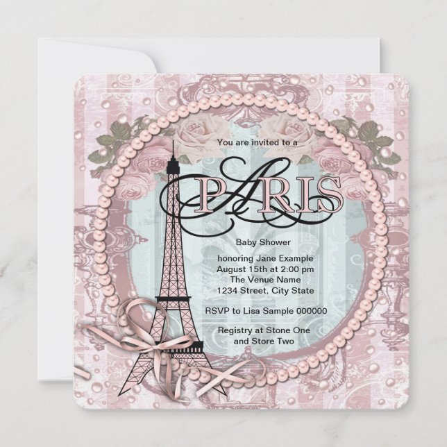 Vintag Pink Paris Baby Dusche Einladungen (Vorderseite)
