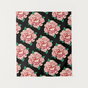 Vintag Pink Peony Blume Pattern Schwarz Wandteppich