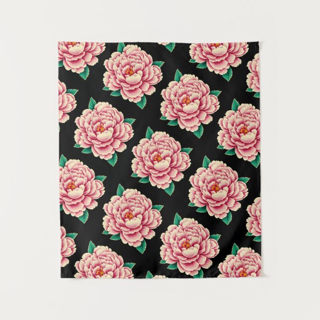 Vintag Pink Peony Blume Pattern Schwarz Wandteppich (Vorderseite)