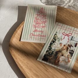 Vintag Pink Red Green Gezeichnet Bows Tree Weihnac Feiertagskarte