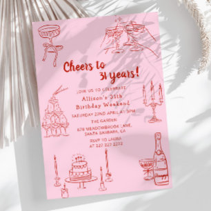 Vintag Pink Retro Gezeichnet Funky Birthday Party Einladung
