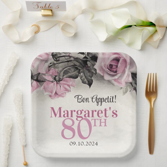 Vintag Pink Roses 80. Geburtstag Pappteller (Hochzeit)
