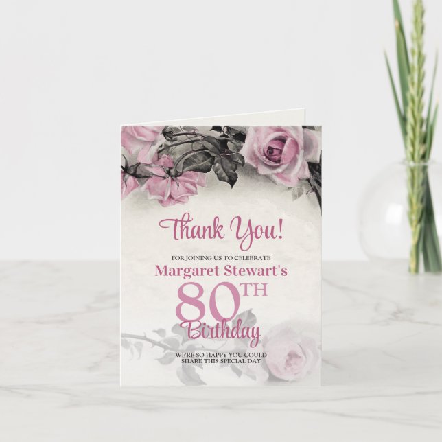 Vintag Pink Roses 80. Geburtstag Vielen Dank Dankeskarte (Vorderseite)