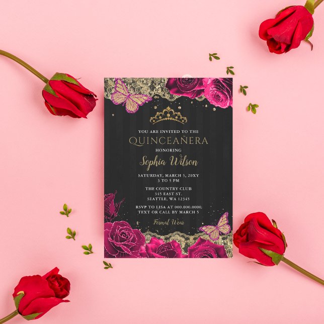 Vintag Pink Roses Black Gold Lace Quinceañera Einladung (Pink Roses Quinceanera Invitations)