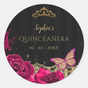 Vintag Pink Roses Black Gold Lace Quinceañera Runder Aufkleber