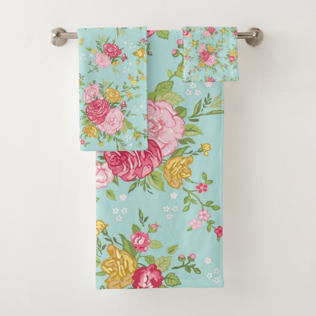 Vintag Pink Roses Bouquet Blumenmuster Aqua Badhandtuch Set (Insitu)