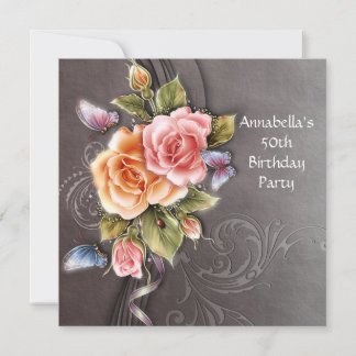 Vintag Pink Roses Floral Art 50. Geburtstag Einladung