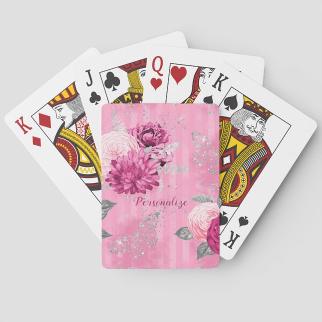 Vintag Pink Roses Silver Glitzer Butterfly Spielkarten (Rückseite)