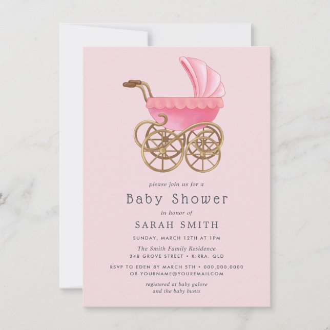 Vintag Pink Stroller Girl Babydusche Einladung (Vorderseite)