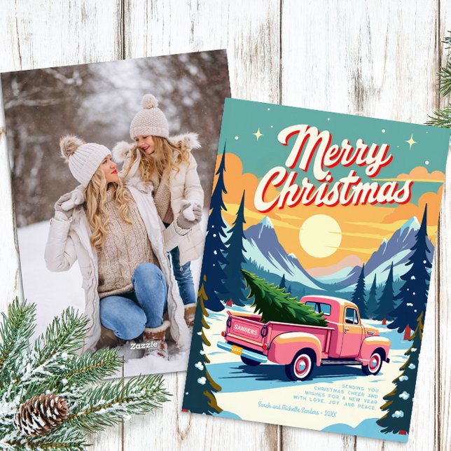 Vintag Pink Truck Weihnachtskarte Feiertagskarte (Retro Christmas Card)