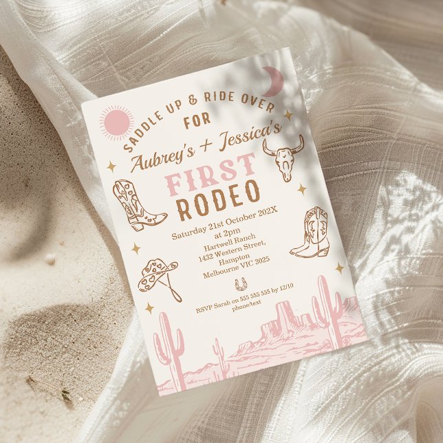 Vintag Pink Twins Erste Rodeo 1. Geburtstag Einladung (Pink Girl Twins First Rodeo Birthday Invitation, Western Desert, Wild West, Southern Country,  )