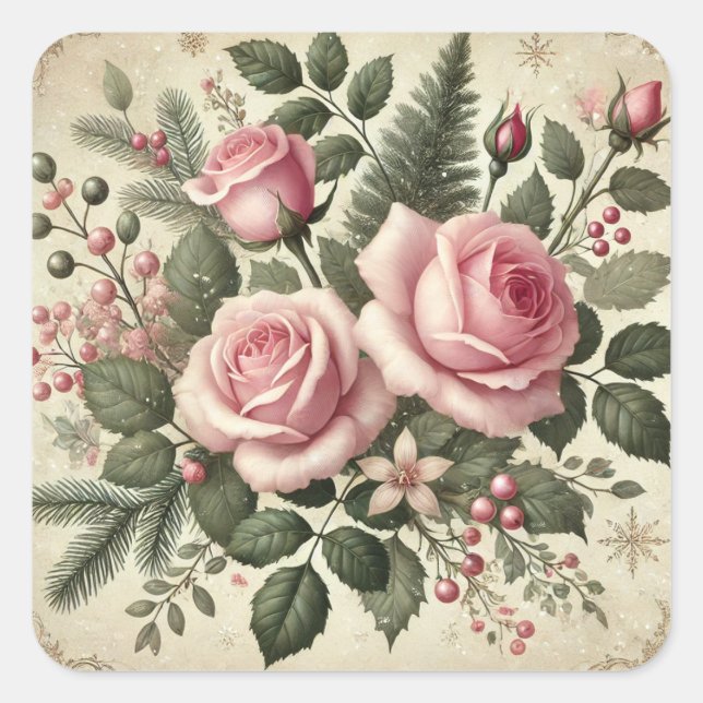 Vintag Pink Weihnachten Rose Elegante Quadratischer Aufkleber (Vorderseite)