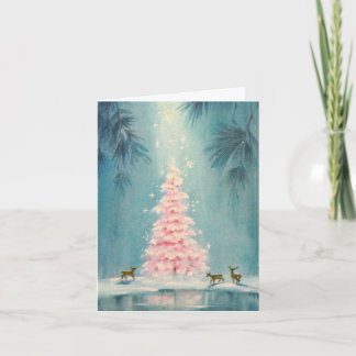 Vintag Pink Weihnachtsbaum Hirsche Blaue Hintergru Feiertagskarte