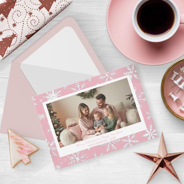 Vintag Pink Winter Weihnachtsschneeflocken Foto Feiertagskarte (Vintage Pink Winter Christmas Snowflakes photo Holiday Card)