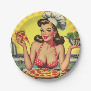 Vintag Pizza Girl Pappteller