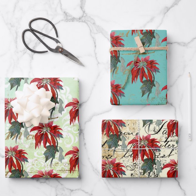 Vintag Poinsettia Muster Geschenkpapier Set (Vorderseite)