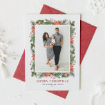 Vintag Poinsettias Pine Needles Foto Feiertagskarte<br><div class="desc">Frohe Weihnachten! Senden Sie Ihre Urlaubswünsche und Grüße an Familie und Freunde mit dieser anpassbaren Blumenfotokarte. Es verfügt über einen Aquarellrahmen aus Pineconen, Kiefernnadeln, Hollies, Beeren und Poinsettia. Personalisieren Sie diese durch Hinzufügen von Namen, Nachrichten und einem vertikalen Foto. Diese Vintage Blumenkarte für Weihnachten Foto ist auch in anderen Cardstock...</div>