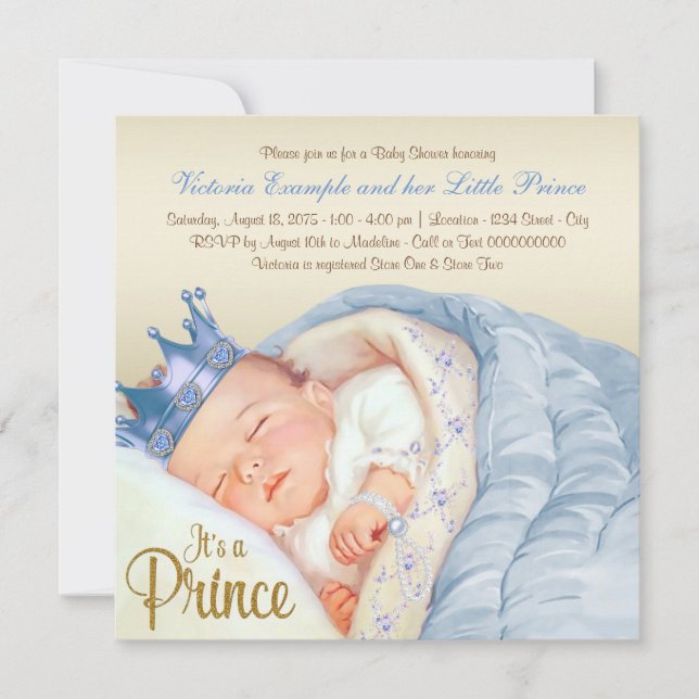 Vintag Prince Baby Blue Gold Baby Dusche Einladung (Vorderseite)