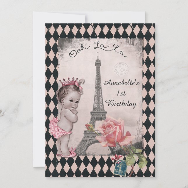 Vintag Princess Eiffel Tower Baby 1. Geburtstag Einladung (Vorderseite)