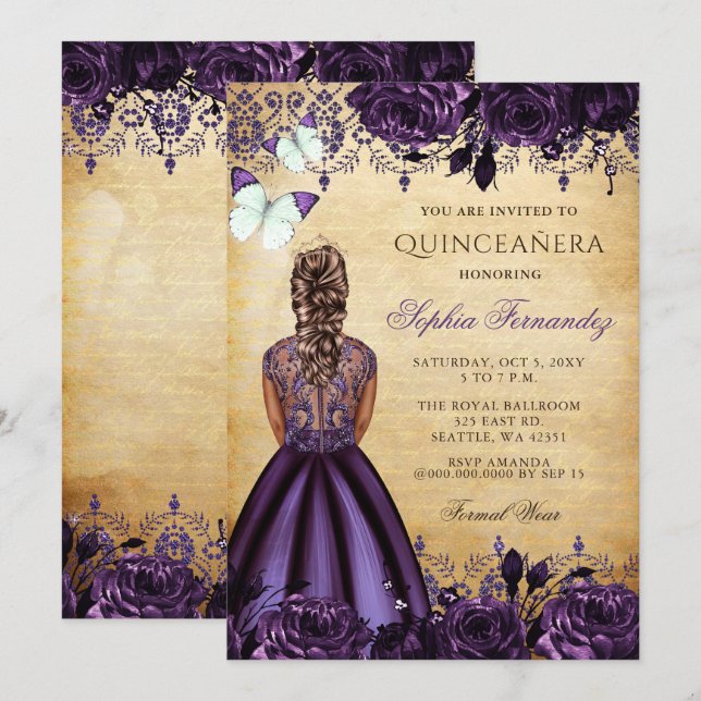 Vintag Princess Lila Butterfly Quinceañera Einladung (Vorne/Hinten)