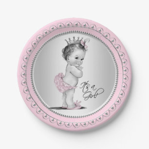 Vintag Princess Pink Silver Girl Babydusche Pappteller