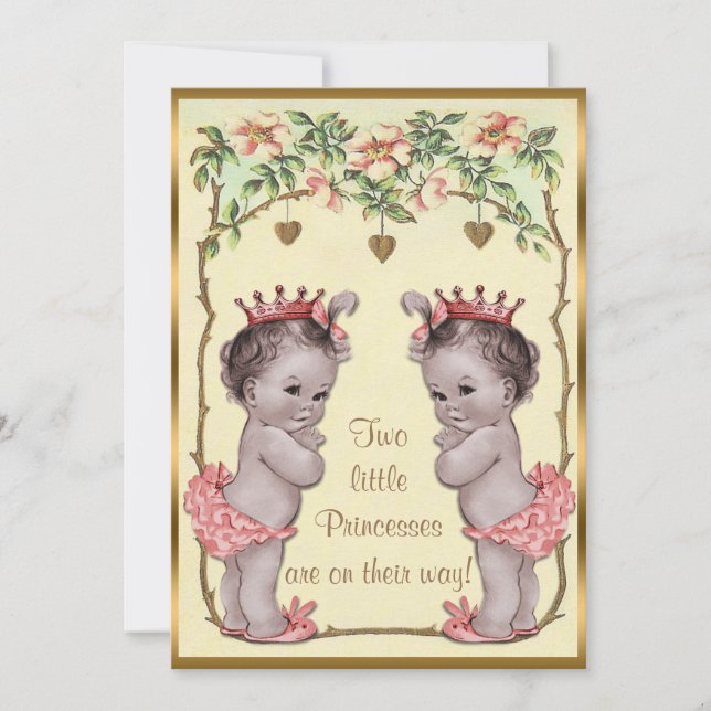 Vintag Princess Twins Rose & Hearts Babydusche Einladung (Vorderseite)