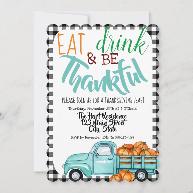 Vintag Pumpkin Truck Gingham Erntedank Einladung (Vorderseite)