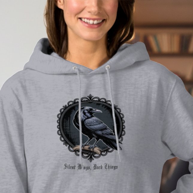 Vintag Raven Art Gray Hoodie (Black gothic raven hoodie)