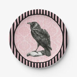 Vintag Raven | Crow on Pink Damask | Halloween Pappteller