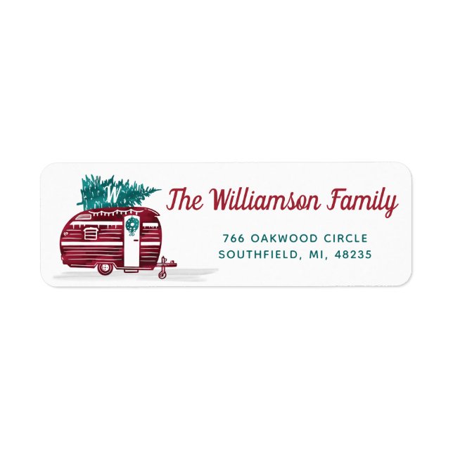 Vintag Red Camper Christmas Tree Monogram Address (Vorne)