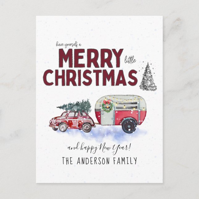 Vintag Red Camper Weihnachten Postkarte (Vorderseite)