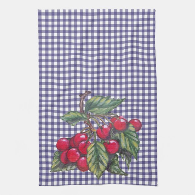 Vintag Red Cherry Blue Gingham Country Küche Geschirrtuch (Vertikal)