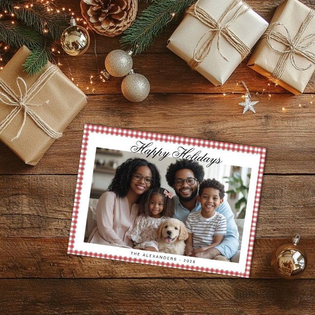 Vintag Red Gingham Holiday Foto Feiertagskarte (Vintage Red Gingham holiday photo card)